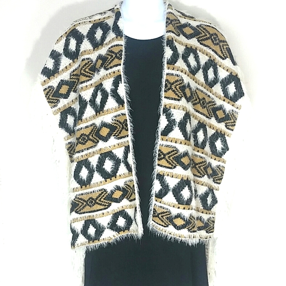 Southwest Ruana Wrap Poncho Blanket Shawl Fringe Black Tan Ivory XL NWT
